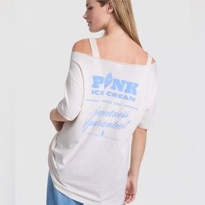 PINK Ice Cream Graphic Off-Shoulder Tee - White with Baby Blue Print NWT